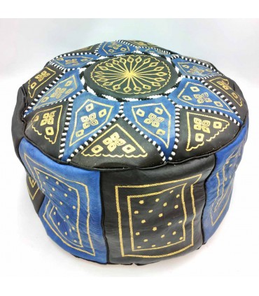 Puff árabe 100% couro - artesanato marroquino cor azul - modelo Aswad Azrak