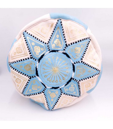 Puff Árabe Cuero 100% - Azul Cielo Artesanía Marroquí - Modelo Laun Samawi