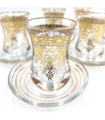 Set Gioco 6 Bicchieri da Tè Turco con Piattini - Artigianato Turco - Decorazione Araba - Modello Fiddati