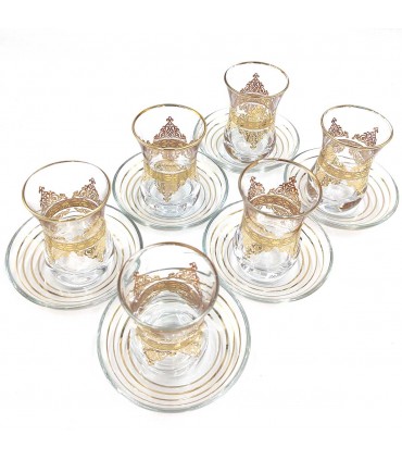 Set Gioco 6 Bicchieri da Tè Turco con Piattini - Artigianato Turco - Decorazione Araba - Modello Fiddati