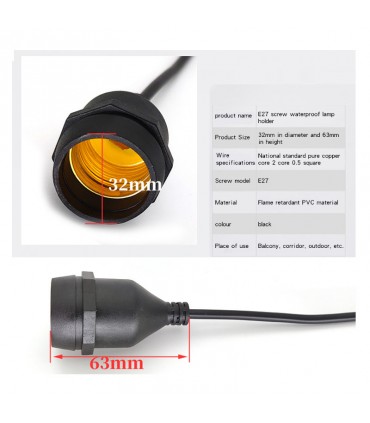 Cabo LED à prova d'água IP67 com suporte de lâmpada à prova de fogo integrado, E27 500 cm