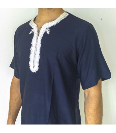 Camisa Azul T-shirt Marroquina Decorada com Bordado Estilo Árabe Modelo Kamis