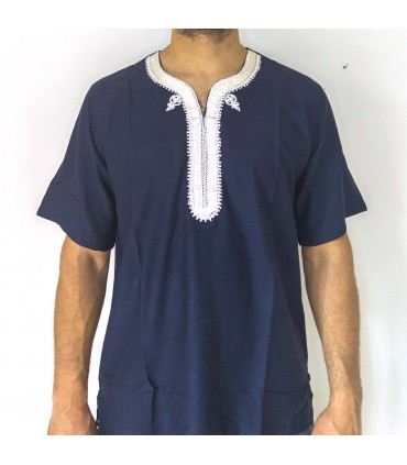 Blaues Hemd, marokkanisches T-Shirt, verziert mit Stickereien im arabischen Stil, Kamis-Modell