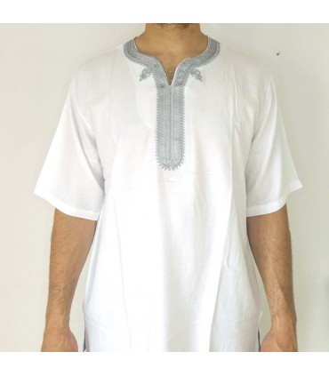 Weißes Hemd, marokkanisches T-Shirt, verziert mit arabischer Stickerei, Modell Kamis
