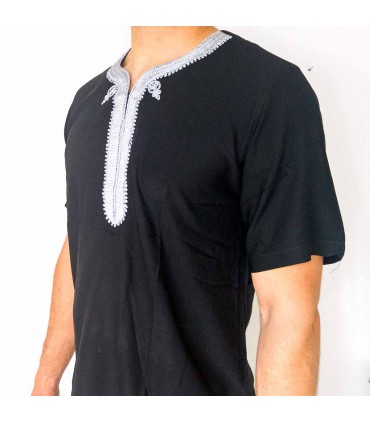 Camicia Nera T-shirt Marocchina Decorata con Ricami Stile Arabo Modello Kamis