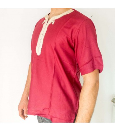 Burgundy Maroon Shirt Moroccan T-shirt Decorated with Embroidery Arabic Style Kamis Model