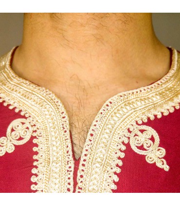Burgundy Maroon Shirt Moroccan T-shirt Decorated with Embroidery Arabic Style Kamis Model