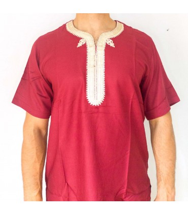 Camicia bordeaux bordeaux T-shirt marocchina decorata con ricamo stile arabo modello Kamis