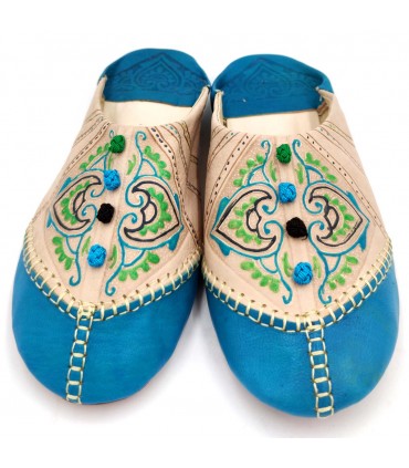 Marokkanische Pantoffel Frau - Farbe Türkis - Echtes Leder marokkanisches Handwerk - Azrar-Modell