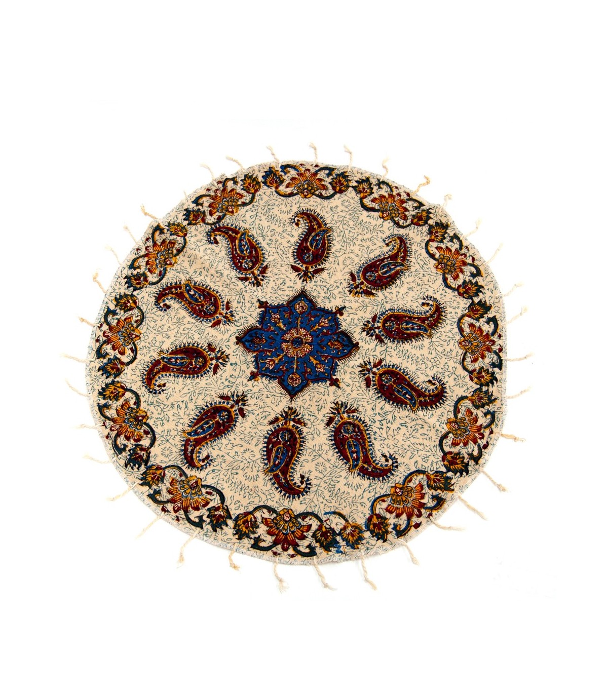 Runder handgefertigter Baumwollteppich 60 cm – handgefertigt mit Pflanzenfarben und einzigartigen Blumenmotiven