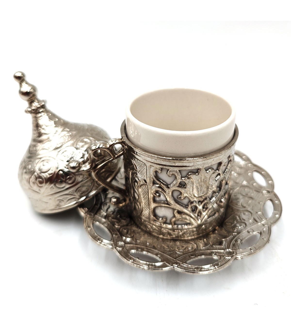 Türkische Tee- oder Kaffeetasse und Untertasse – Silber – Modell Antalya