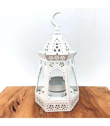 Arabian Carved Lantern - White - Candle - 17 cm x 9 cm - Model 043 - Ramadan