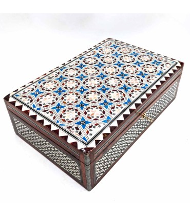Joyero Rectángular Taracea Blanca Egipto Con detalles en azul