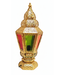 Lampe Lanterne Dorée sur Pied - Abat-jour en Verre Multicolore - Modèle Fanusi