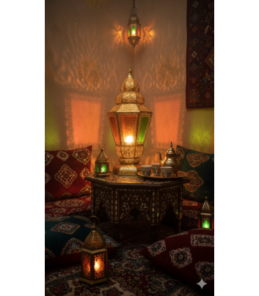 Lampe Lanterne Dorée sur Pied - Abat-jour en Verre Multicolore - Modèle Fanusi