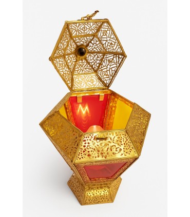 Lampe Lanterne Dorée sur Pied - Abat-jour en Verre Multicolore - Modèle Fanusi