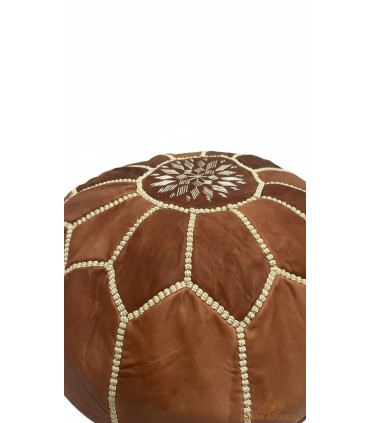 Moroccan Leather Pouf with Embroidered Thread + SPECIAL FILLING - Dark Brown - YIBLI Model
