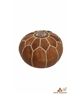 Puff Marroquí de Cuero con Hilo Bordado + RELLENO ESPECIAL - Marrón Oscuro - Modelo YIBLI