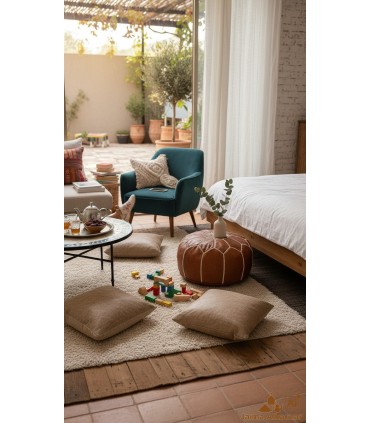 Moroccan Leather Pouf with Embroidered Thread + SPECIAL FILLING - Dark Brown - YIBLI Model