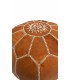 Pouf Marocain en Cuir avec Fil Brodé + REMBOURRAGE SPÉCIAL - Marron - Modèle YIBLI