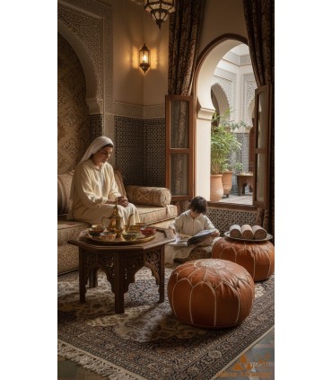 Moroccan Leather Pouf with Embroidered Thread + SPECIAL FILLING - Brown - YIBLI Model