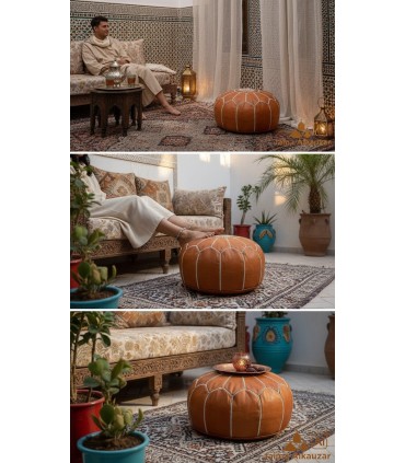 Pouf Marocchino in Pelle con Filo Ricamato + RIEMPIMENTO SPECIALE - Marrone - Modello YIBLI