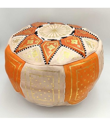 Puff Arabo 100% Pelle - Colore Arancio Artigianato Marocchino - Modello Laun Burtukal