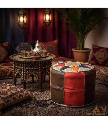 Hoher marokkanischer arabischer Leder-Puffbezug 100 % – marokkanisches Kunsthandwerk – Alwanii-Modell