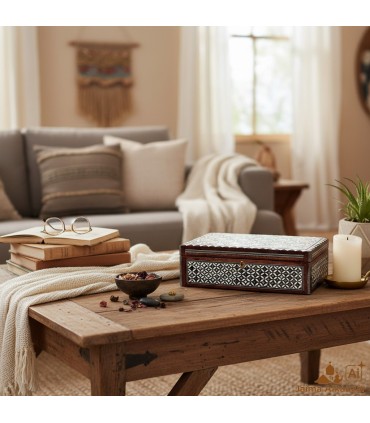 Joyero Rectángular de Taracea Blanca Egipto con Detalles Azules