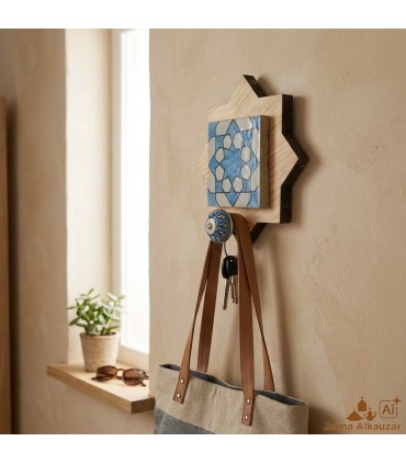 Wooden and Andalusian Tile Coat Rack - Nayma Model