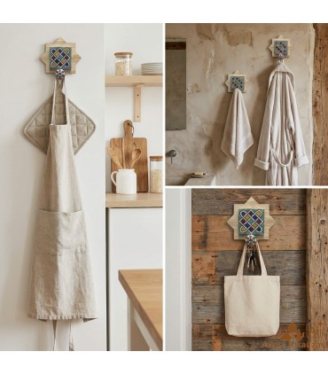 Wooden and Andalusian Tile Coat Rack - Nayma Model