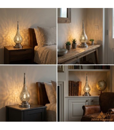 Lampe de Table en Laiton Nickelé Sculpté et Ajouré Artisanat Marocain - Décoration Andalouse Modèle KAMUZRA Dhahbi