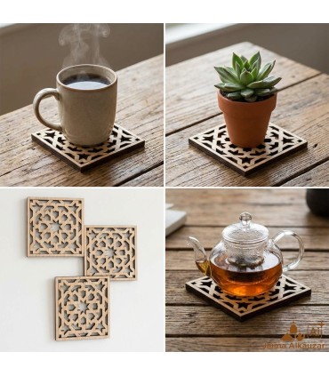 Pacchetto 6 x Sottobicchieri in legno a griglia taglio laser 9cm x 9cm x 1cm di spessore