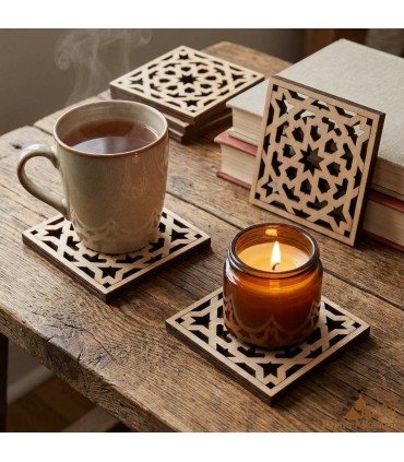 Pacchetto 6 x Sottobicchieri in legno a griglia taglio laser 9cm x 9cm x 1cm di spessore