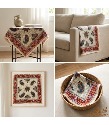 Tapete de Algodão Artesanal Quadrado - Tingido com Tintas Vegetais - Design Mandala Floral