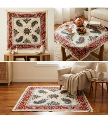 Tapete de Algodão Artesanal Quadrado - Tingido com Tintas Vegetais - Design Mandala Floral