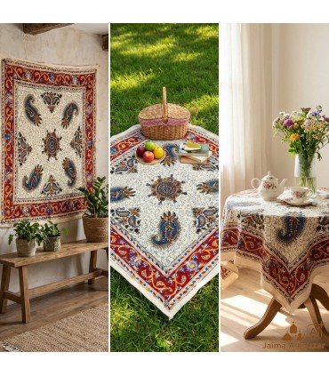 Tapis de Coton Artisanal Carré - Teint avec des Teintures Végétales - Design Mandala Floral