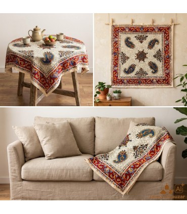 Tapete de Algodão Artesanal Quadrado - Tingido com Tintas Vegetais - Design Mandala Floral