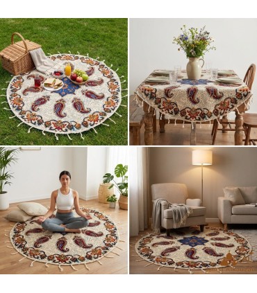 Tapete Redondo de Algodón Artesanal 150 cm - Hecho a Mano con Tintes Vegetales y Motivos Florales Únicos