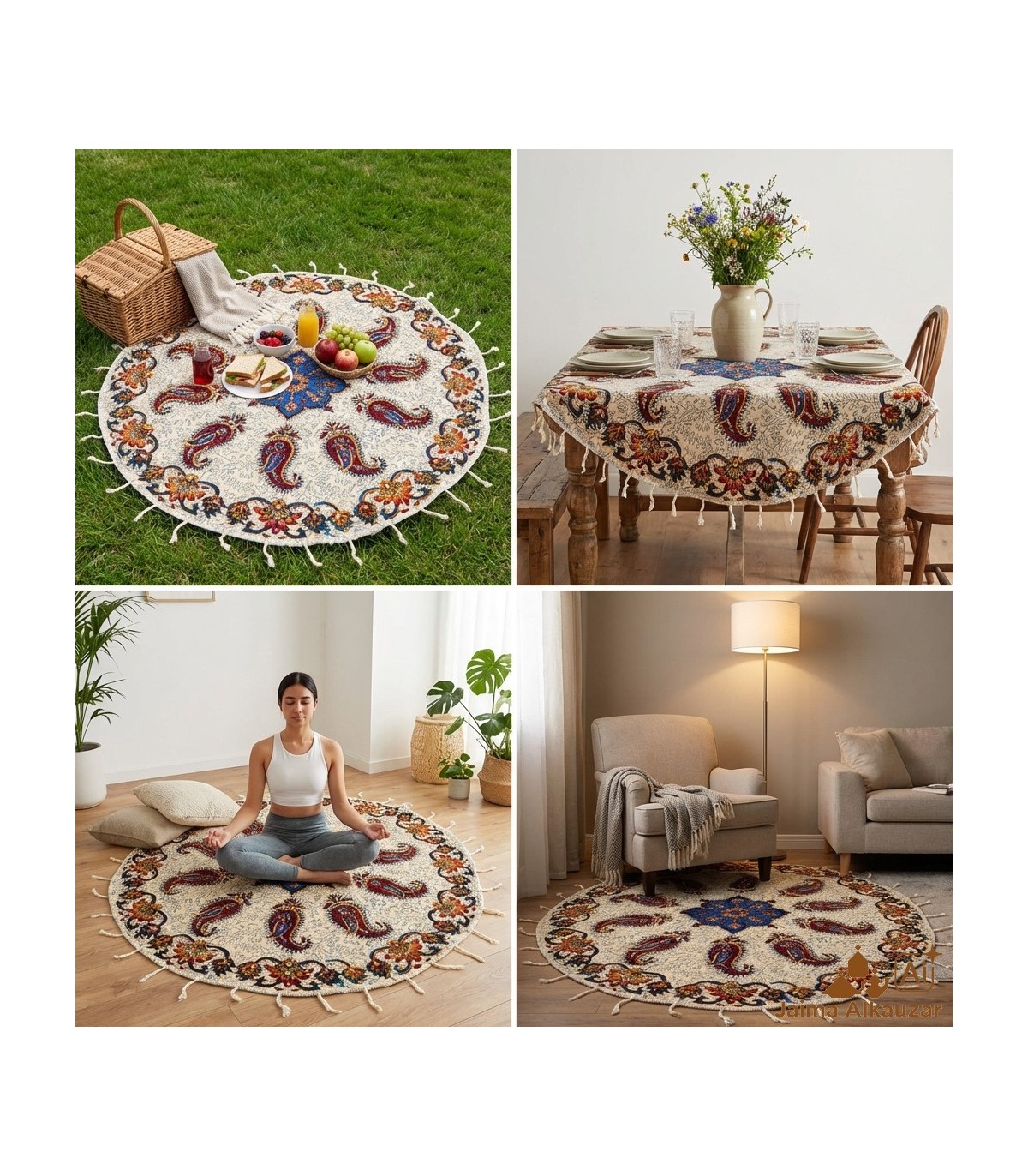 Runder handgefertigter Baumwollteppich 150 cm – handgefertigt mit Pflanzenfarben und einzigartigen Blumenmotiven