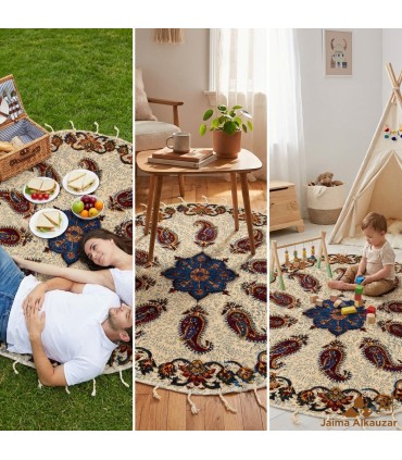 Runder handgefertigter Baumwollteppich 150 cm – handgefertigt mit Pflanzenfarben und einzigartigen Blumenmotiven