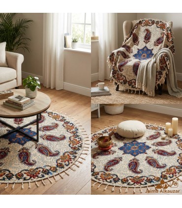 Runder handgefertigter Baumwollteppich 150 cm – handgefertigt mit Pflanzenfarben und einzigartigen Blumenmotiven