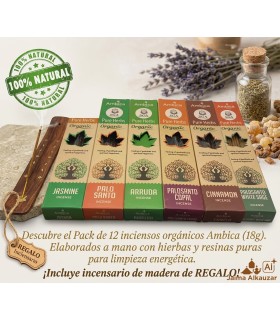 Pack of 12 Organic Ambica Incense (18g) + Gift Incense Holder - Natural and Handmade Assortment
