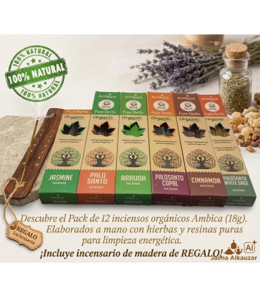 Pack 12 Inciensos Orgánicos Ambica (18g) + Incensario REGALO - Surtido Natural y Artesanal