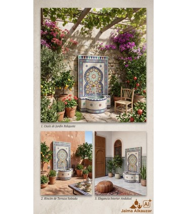 Fonte 140 cm de Terraço ou Jardim Mosaico Mourisco de Azulejo Zellige Andaluz - Modelo Hamidu
