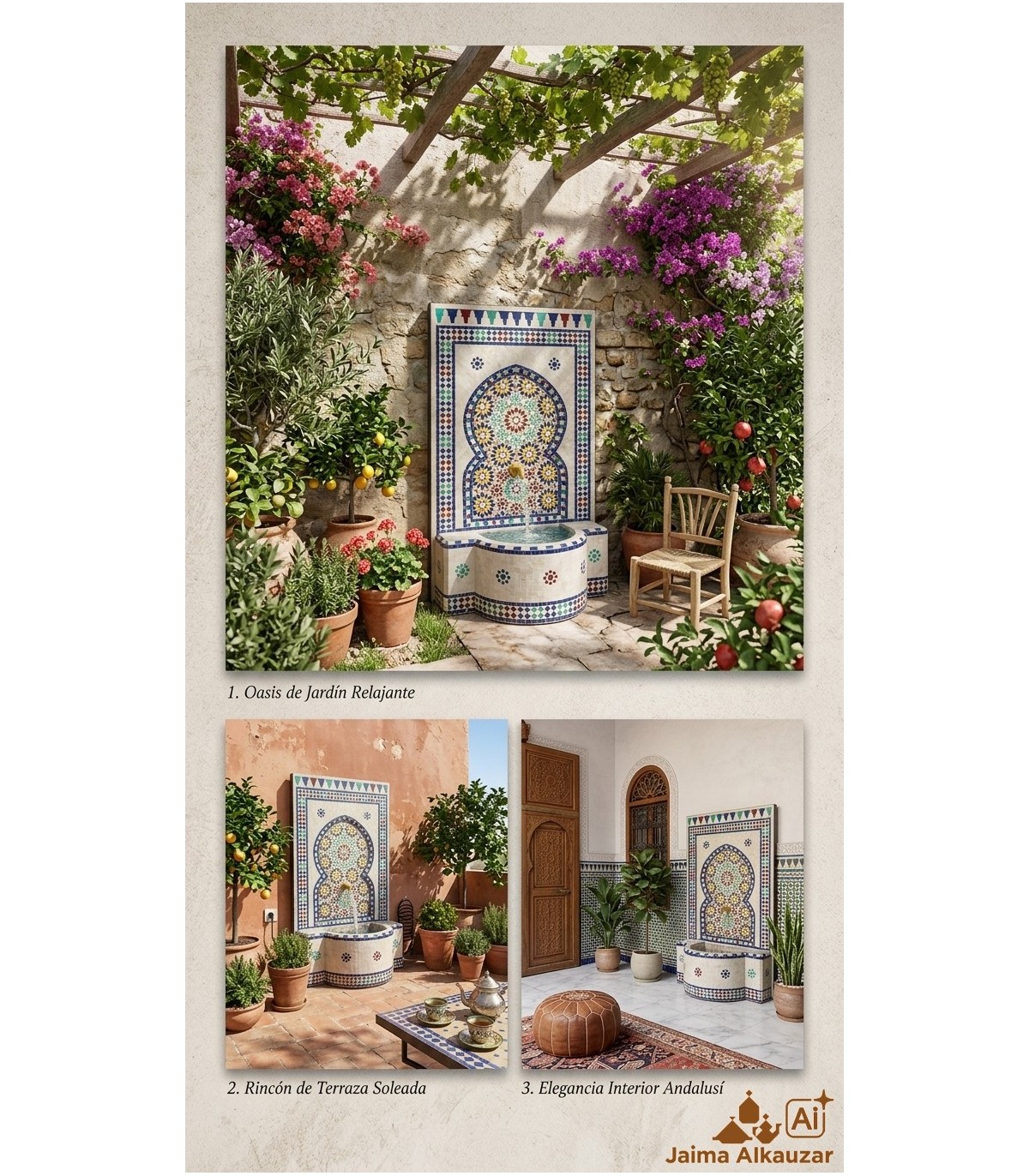 140 cm Terrasse oder Gartenbrunnen Maurisches Mosaik aus andalusischen Zellige-Fliesen