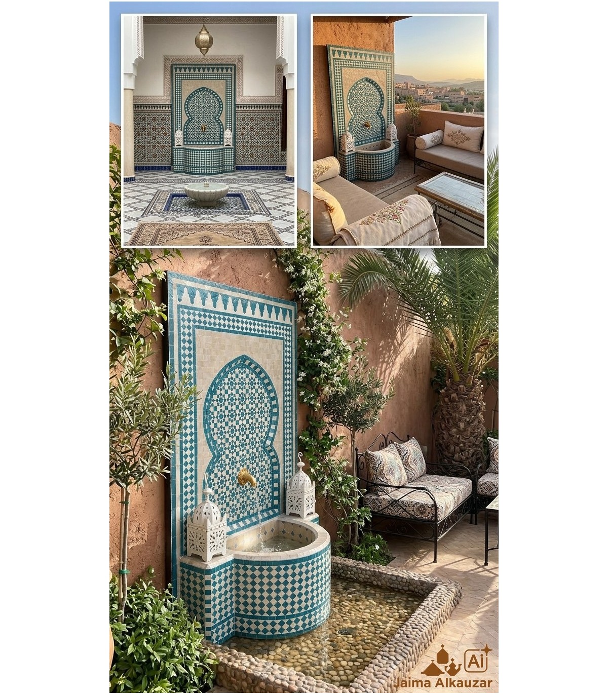 140 cm Terrassen- oder Gartenbrunnen maurisches Mosaik aus andalusischen Zellige-Fliesen