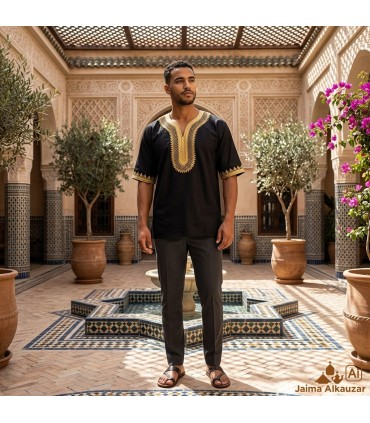 T-shirt Marocaine Décorée Broderies DORÉ - Style Arabe Modèle Kamis DAHAB