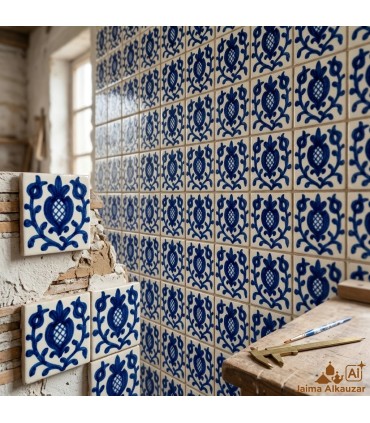 Azulejo Cerámica Marroquí Esmaltado Estilo Andalusí - Estilo Fajalauza Granada - 5 x 5 cm - Artesanal - Modelo 121