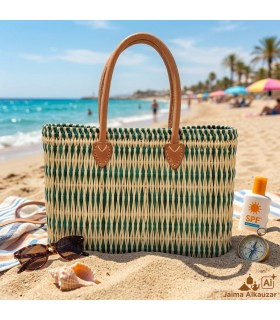 Panier Marocain Artisanal en Osier avec Poignées en Cuir | Sac de Plage, Piscine et Marché